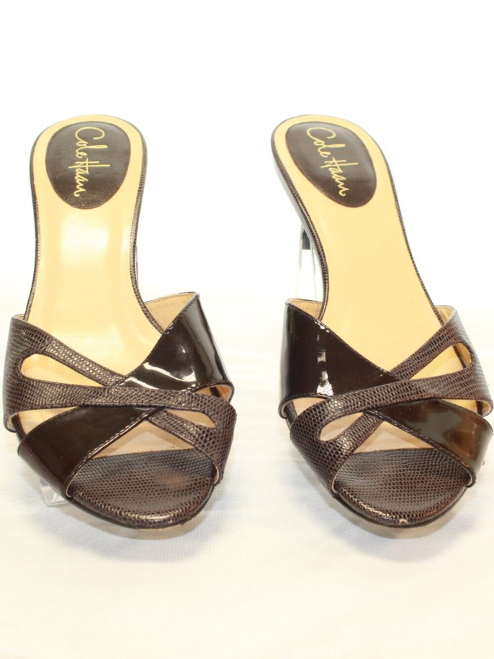 Cole Haan Size 8.5 Brown Patent & Lizard Kitten Heel Mules Slide Sandals D28164